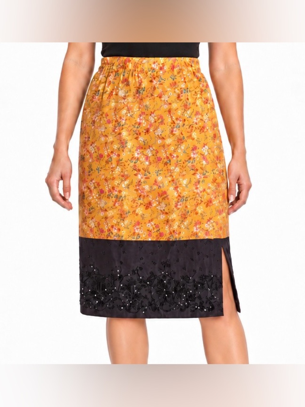 Anthropologie Maeve Silk Floral Beaded Sequin Midi Skirt Yellow Black Medium